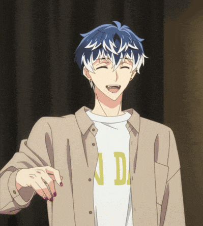a boy with blue hair is wearing a shirt that says jd on it
