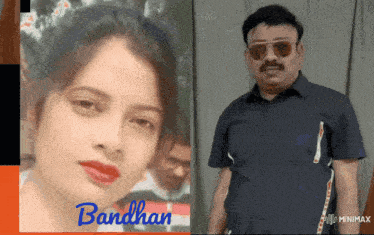 a man wearing sunglasses stands next to a woman with the name bandhan on her face