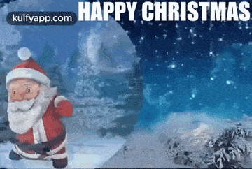 a cartoon of santa claus dancing in the snow with the words `` happy christmas '' written above him .