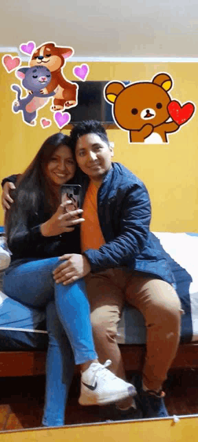 a man and a woman are posing for a picture in front of a mirror ..