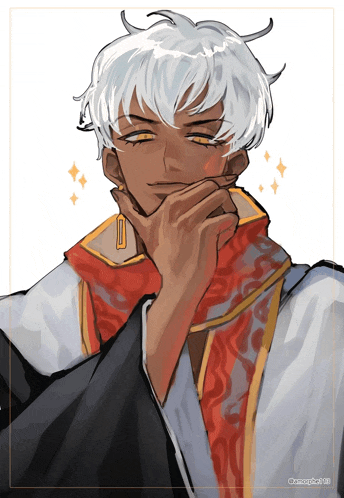 a drawing of a man with white hair and a red scarf has a watermark on the bottom right
