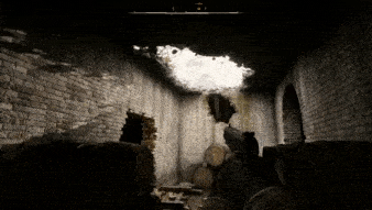 a person is holding a gun in a dark room with a hole in the wall .