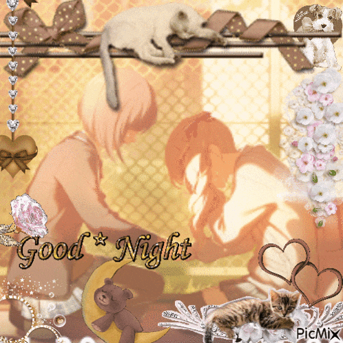a picture of a couple kissing with the words " good night " on the bottom