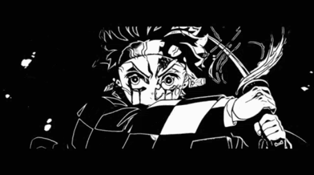 a black and white drawing of a demon slayer character