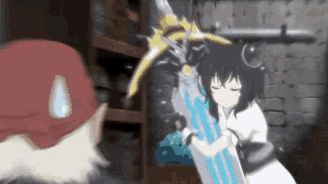 a girl is holding a large sword in her hands while a man watches .
