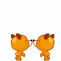 a couple of cartoon cats kissing each other with hearts flying around them .