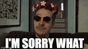 a man wearing a flower crown and sunglasses is sitting on a couch and says i 'm sorry what