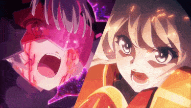 a couple of anime characters with their mouths open and their eyes glowing