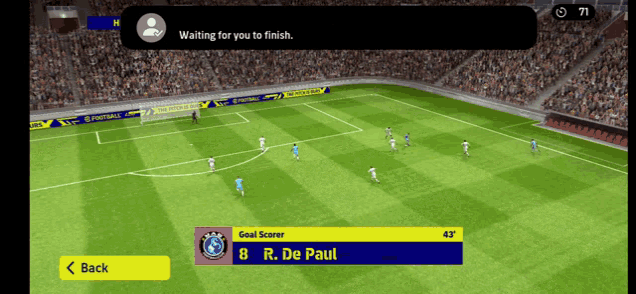 a screen shot of a soccer game with the goal scorer r. de paul