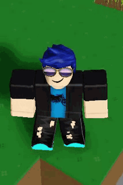a roblox character with blue hair and sunglasses is standing on top of a block .
