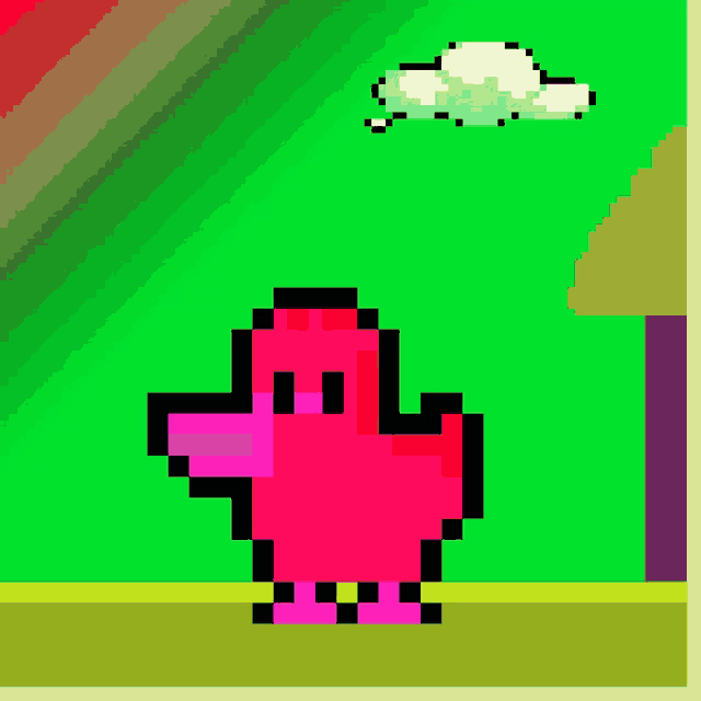 a pixel art of a pink duck with a cloud in the sky