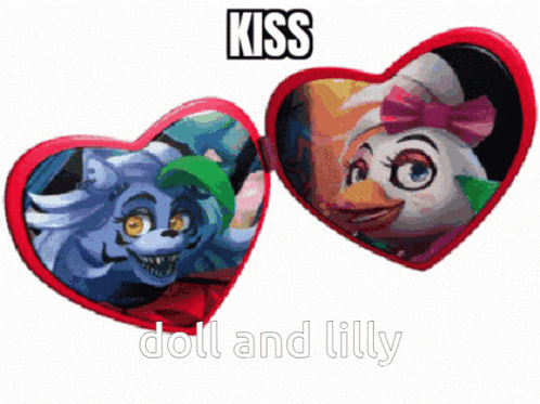 two heart shaped mirrors with the words kiss doll and lilly above them