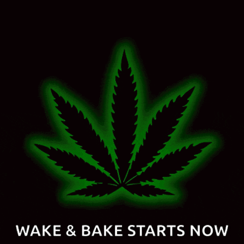 a green marijuana leaf with the words wake and bake starts now below it