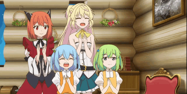 a group of anime characters standing in a room with their hands folded