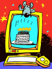a cartoon of a mouse looking at a cake with candles