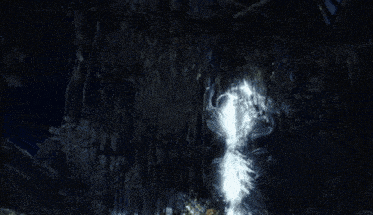 a monster with a long white tail is laying on the ground in a dark cave