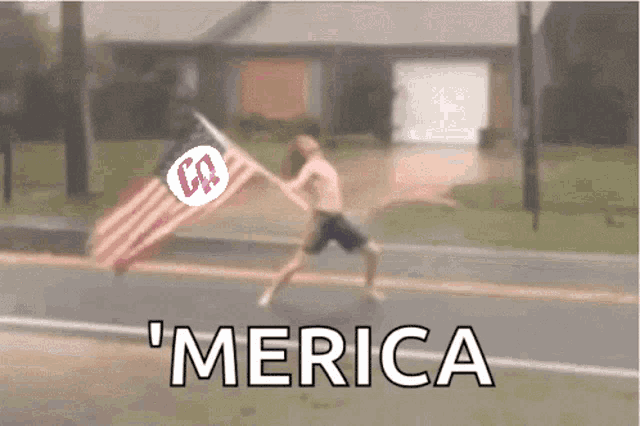 a man is running down a street while holding an american flag and the word merica is on the bottom right