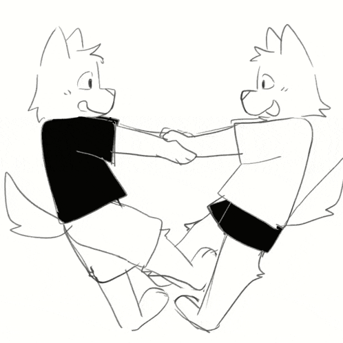 a black and white drawing of two cartoon characters holding hands