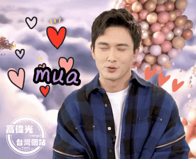 a man in a plaid shirt is surrounded by hearts and the words mua
