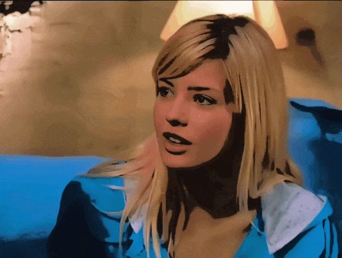 a painting of a woman with blonde hair and a blue shirt