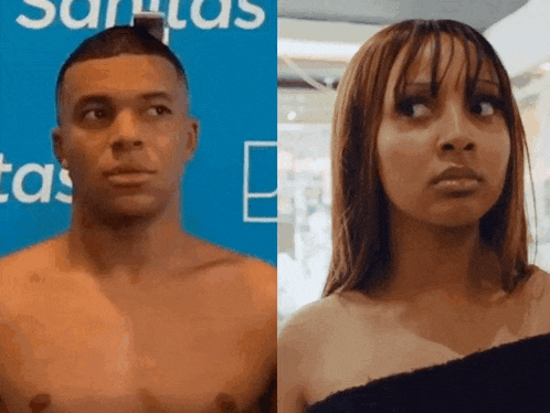 a man and a woman are standing next to each other in front of a blue sign that says santos