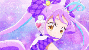 a girl with purple hair has a heart shaped pendant on her ear