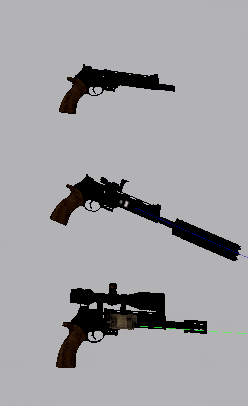 three different types of guns are shown in a pixel art style