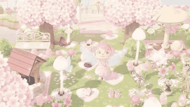 a fairy in a pink dress is standing in a garden surrounded by pink flowers and trees .
