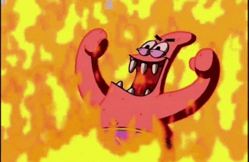 patrick star from spongebob squarepants is standing in the middle of a fire with his mouth open .