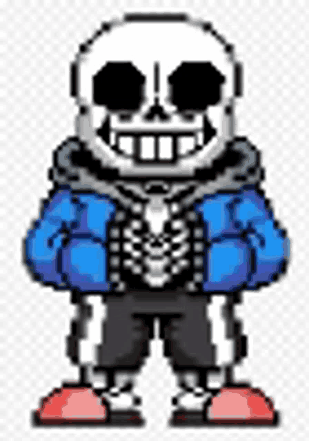 a pixel art drawing of sans from undertale in a blue jacket .