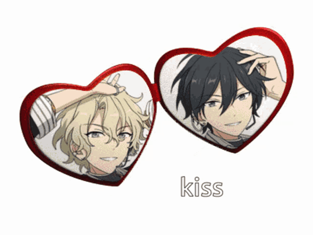 two anime characters in heart shaped frames with the word kiss underneath