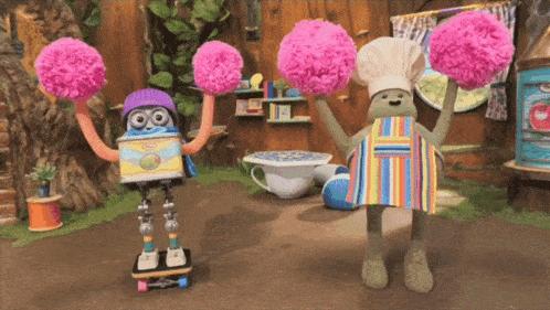 a robot and a chef holding pink pom poms in their hands