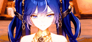 a close up of a girl with blue hair and a necklace