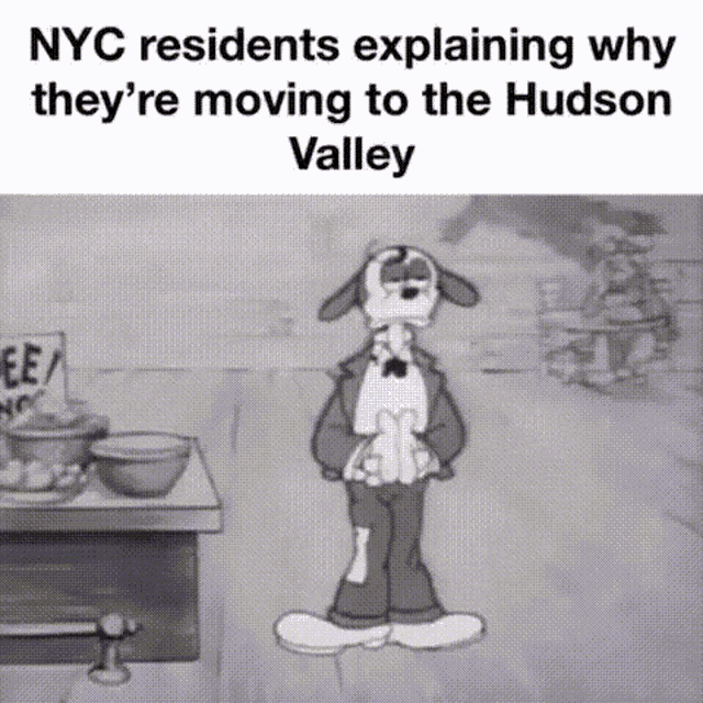 a black and white cartoon of a dog explaining why they 're moving to the hudson valley