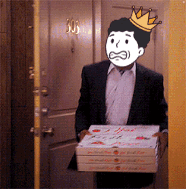 a man wearing a crown is carrying a box of pizza