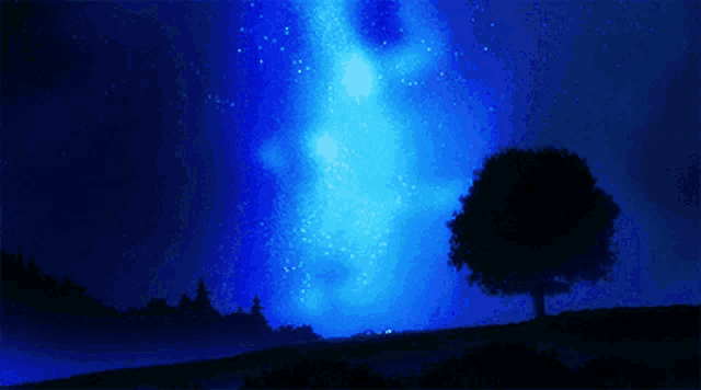 a tree is silhouetted against a starry sky