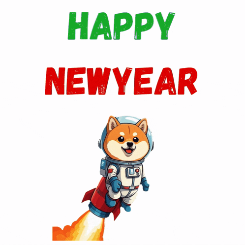a happy new year greeting card with a dog in an astronaut costume