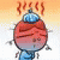 a cartoon character with a bottle of water on his head is having a headache .