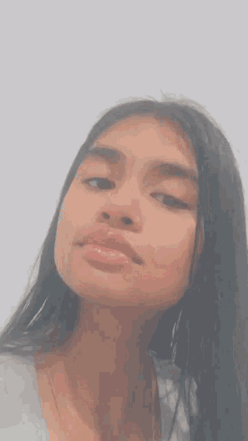 a young woman with long black hair is looking at the camera .