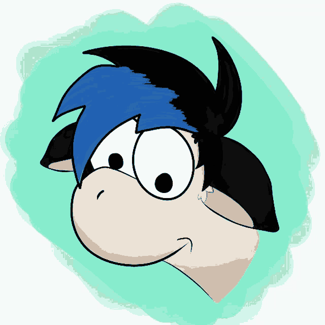 a cartoon drawing of a person with blue hair