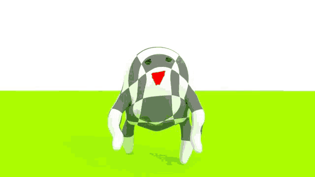a stuffed animal with a checkered pattern and a red triangle on its face