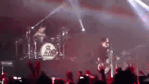 a band is performing on stage with a crowd watching