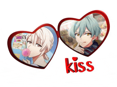 a picture of a boy blowing a bubble gum and the word kiss