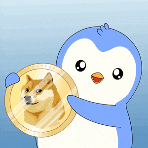 a blue and white penguin is holding a coin with a doge on it