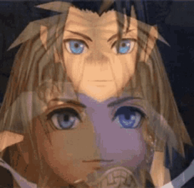 a man and a woman with blue eyes are looking at each other in a video game .