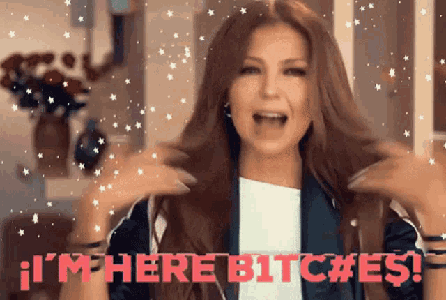 a woman says i 'm here bitches in pink