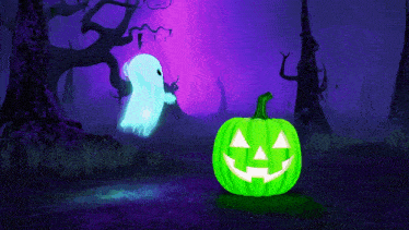 a green pumpkin with a face on it is in front of a ghost in a dark forest