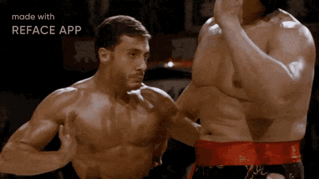 two muscular men are fighting with the words made with reface app on the bottom right