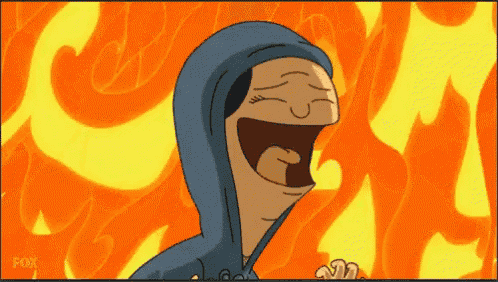 a cartoon character is laughing in front of a fire background
