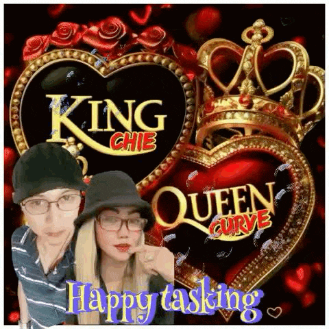 a man and a woman are posing for a picture in front of two hearts with crowns on them .